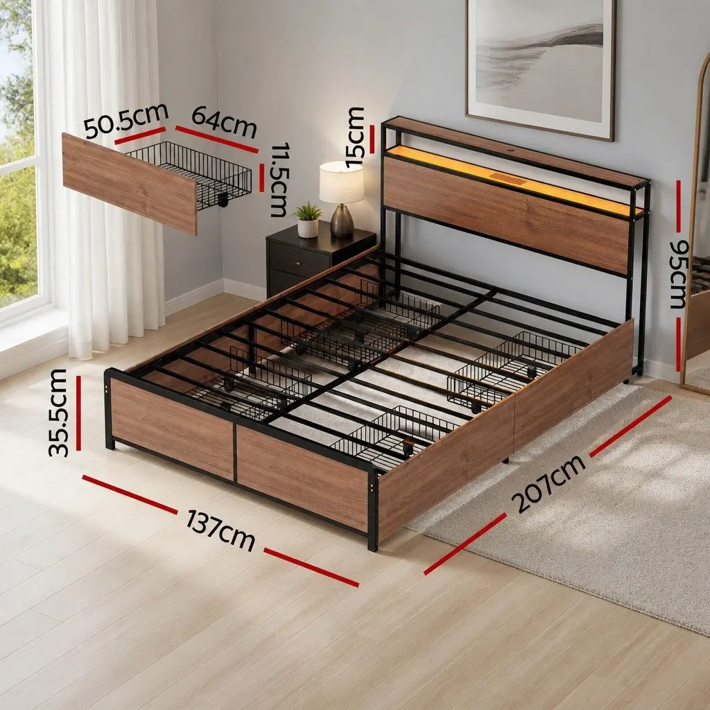 Metal Double Bed Frame with LED Headboard in Black featuring USB Charging and 4 Storage Drawers for Double-Sized Mattress