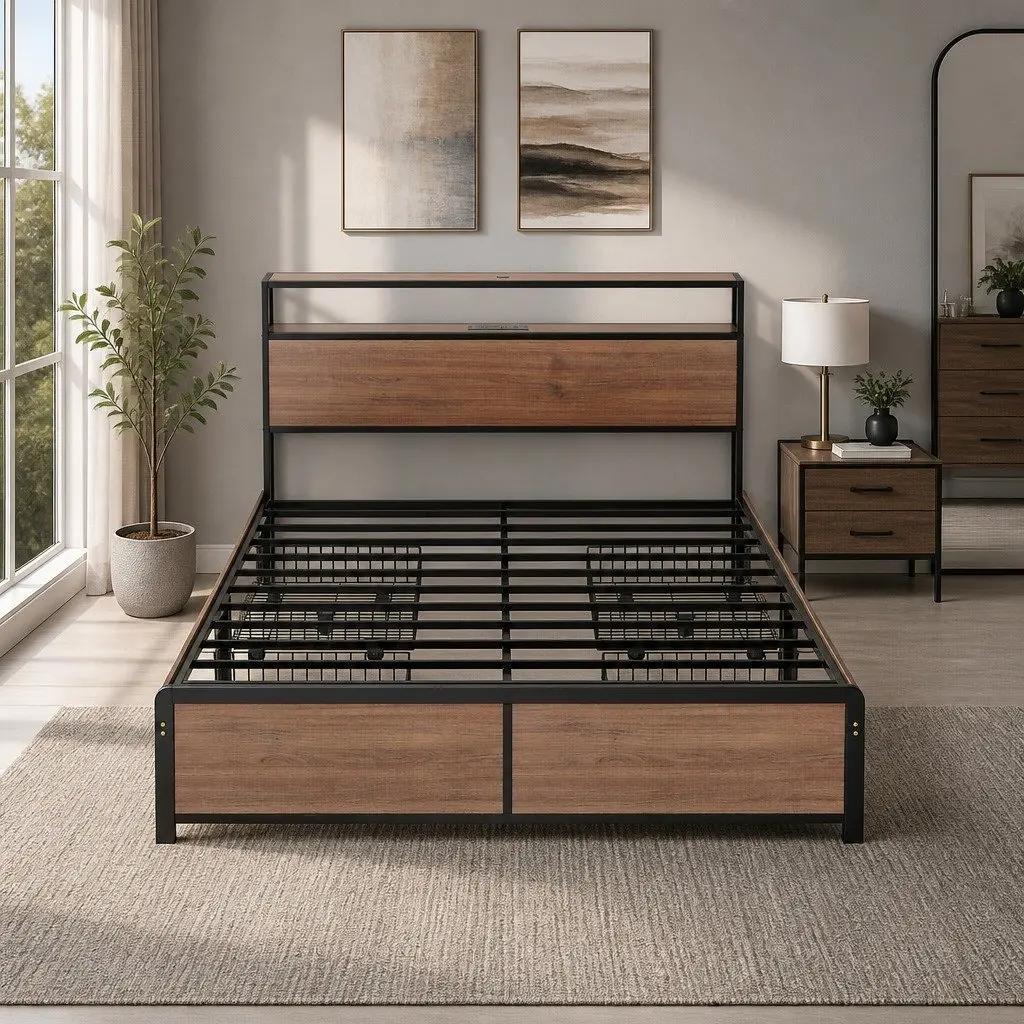 Metal Double Bed Frame with LED Headboard in Black featuring USB Charging and 4 Storage Drawers for Double-Sized Mattress