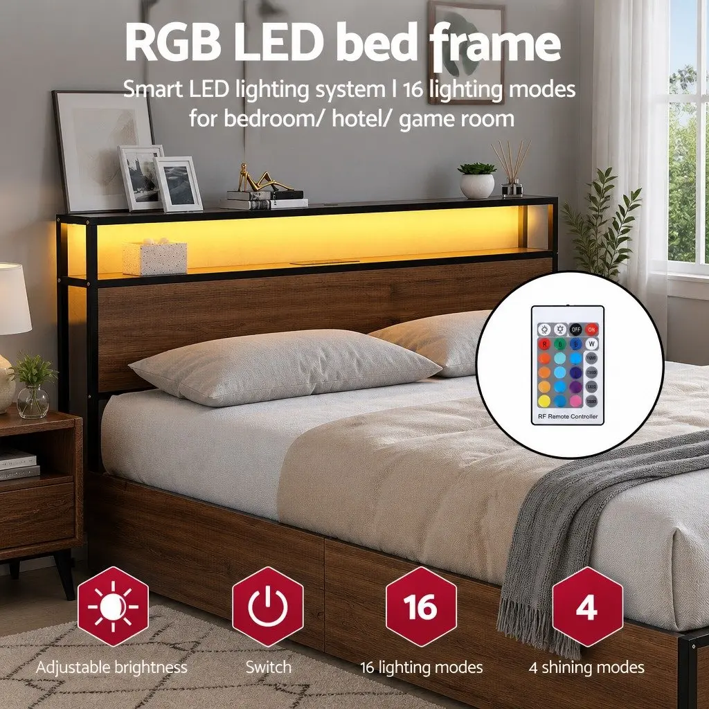 Metal Double Bed Frame with LED Headboard in Black featuring USB Charging and 4 Storage Drawers for Double-Sized Mattress