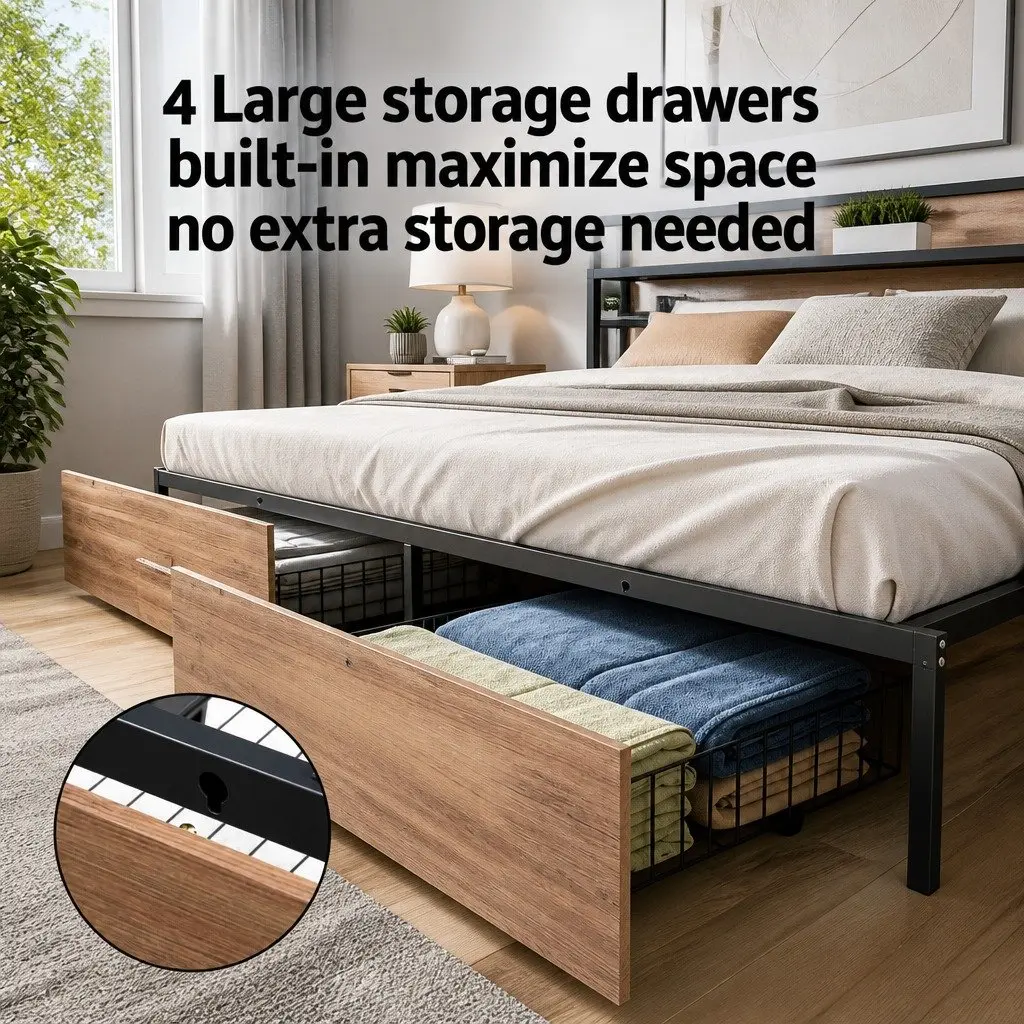 Metal Double Bed Frame with LED Headboard in Black featuring USB Charging and 4 Storage Drawers for Double-Sized Mattress