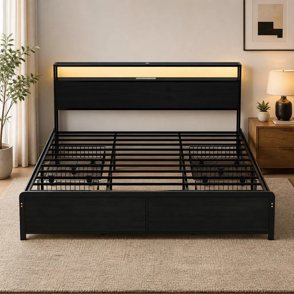 King Size Metal Bed Frame with Storage Drawers LED Charging Station Headboard