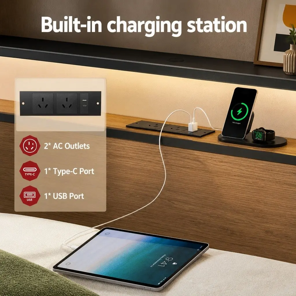 King Size Metal Bed Frame with Storage Drawers LED Charging Station Headboard