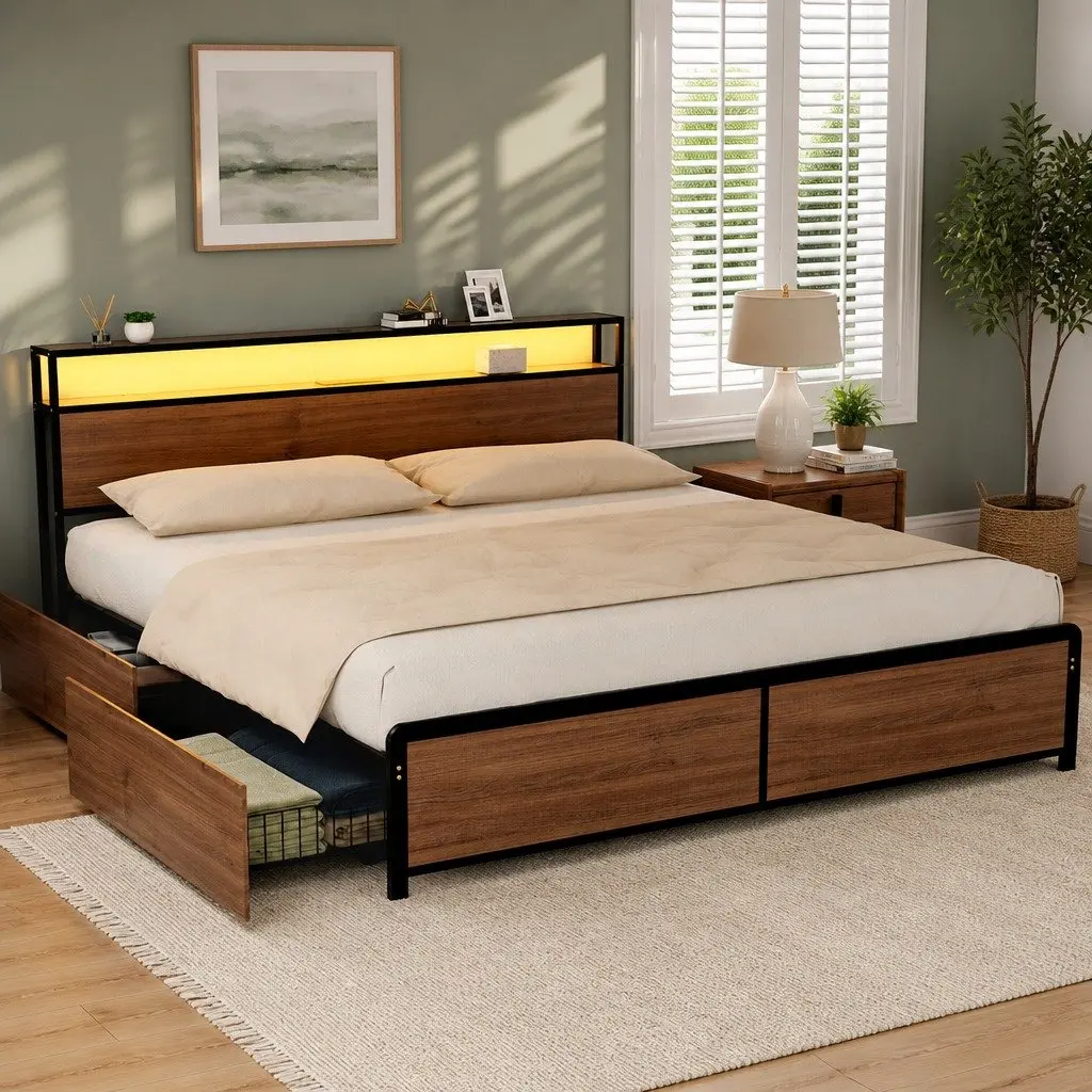 Metal Bed Frame King Size with Black Storage Headboard 4 Drawers and LED Charging Station