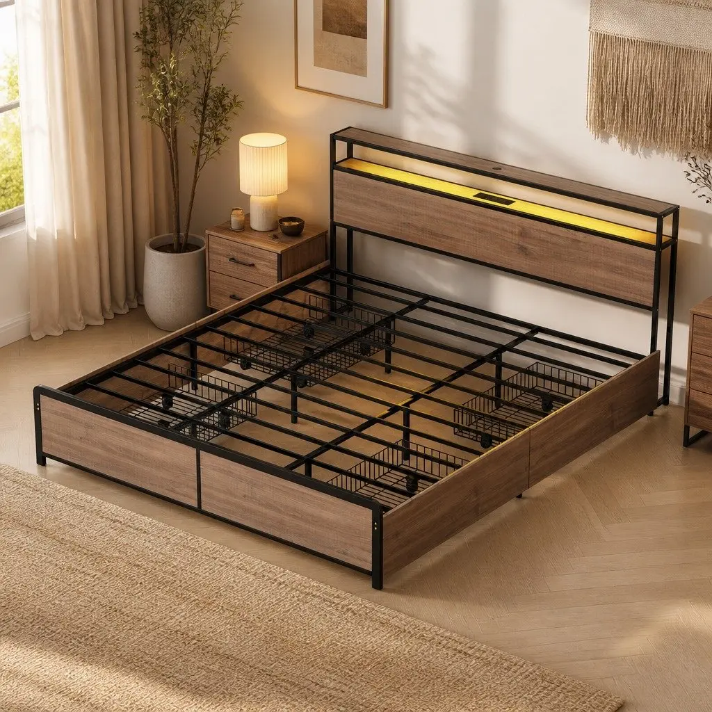 Metal Bed Frame King Size with Black Storage Headboard 4 Drawers and LED Charging Station