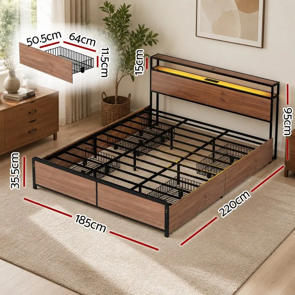 Metal Bed Frame King Size with Black Storage Headboard 4 Drawers and LED Charging Station