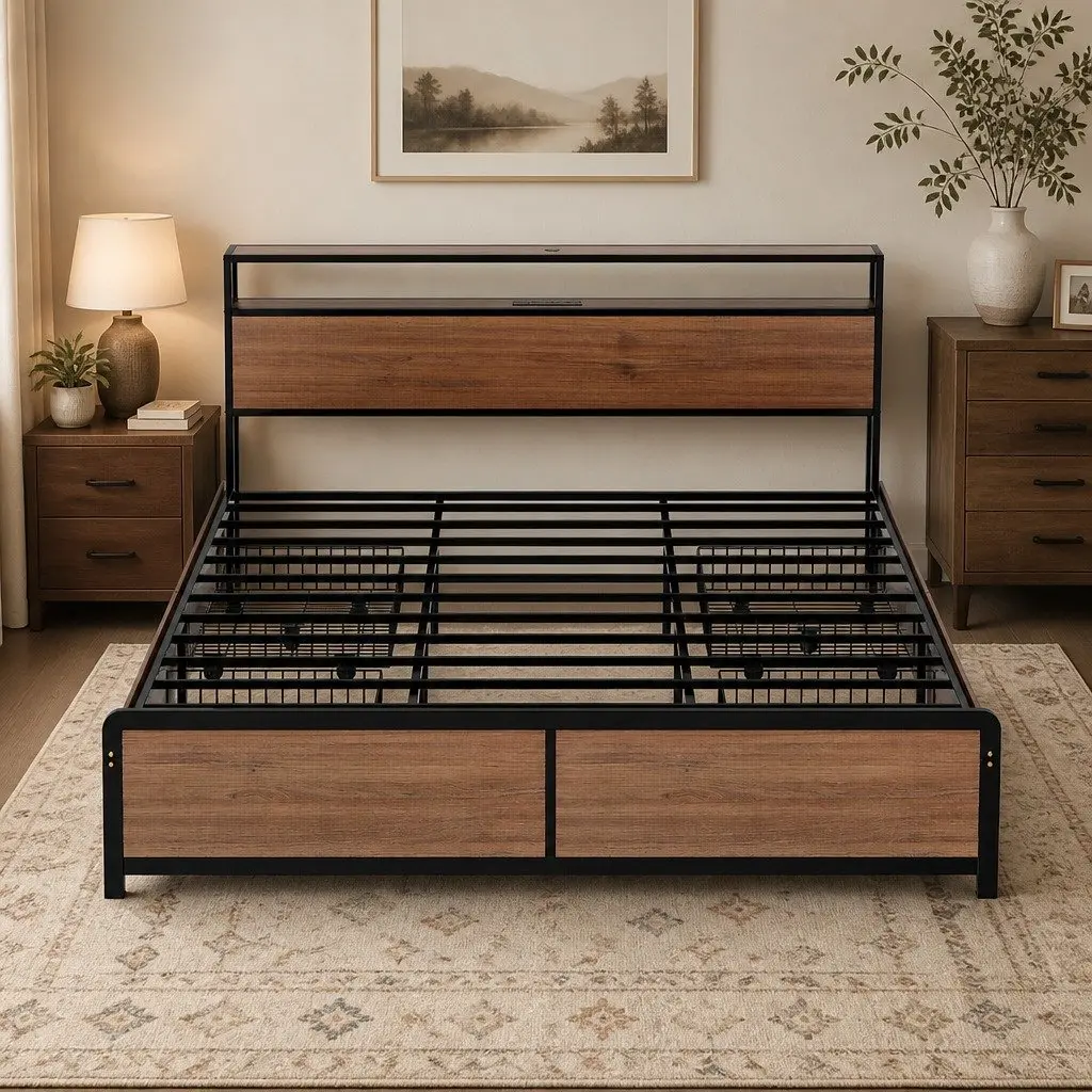 Metal Bed Frame King Size with Black Storage Headboard 4 Drawers and LED Charging Station