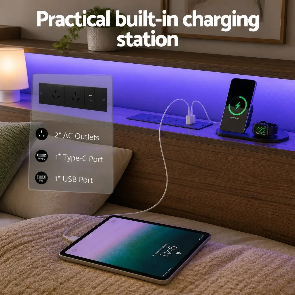 Metal Bed Frame King Size with Black Storage Headboard 4 Drawers and LED Charging Station