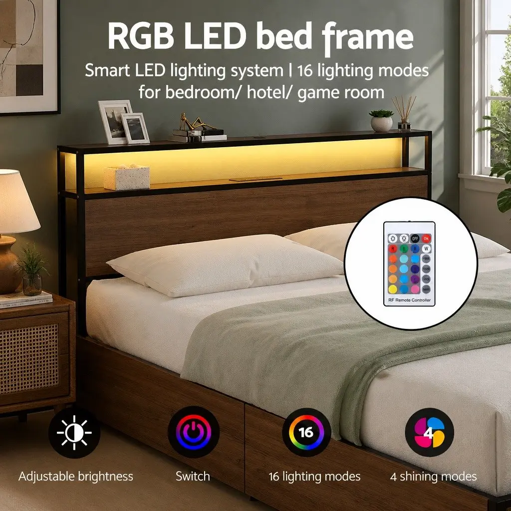 Metal Bed Frame King Size with Black Storage Headboard 4 Drawers and LED Charging Station