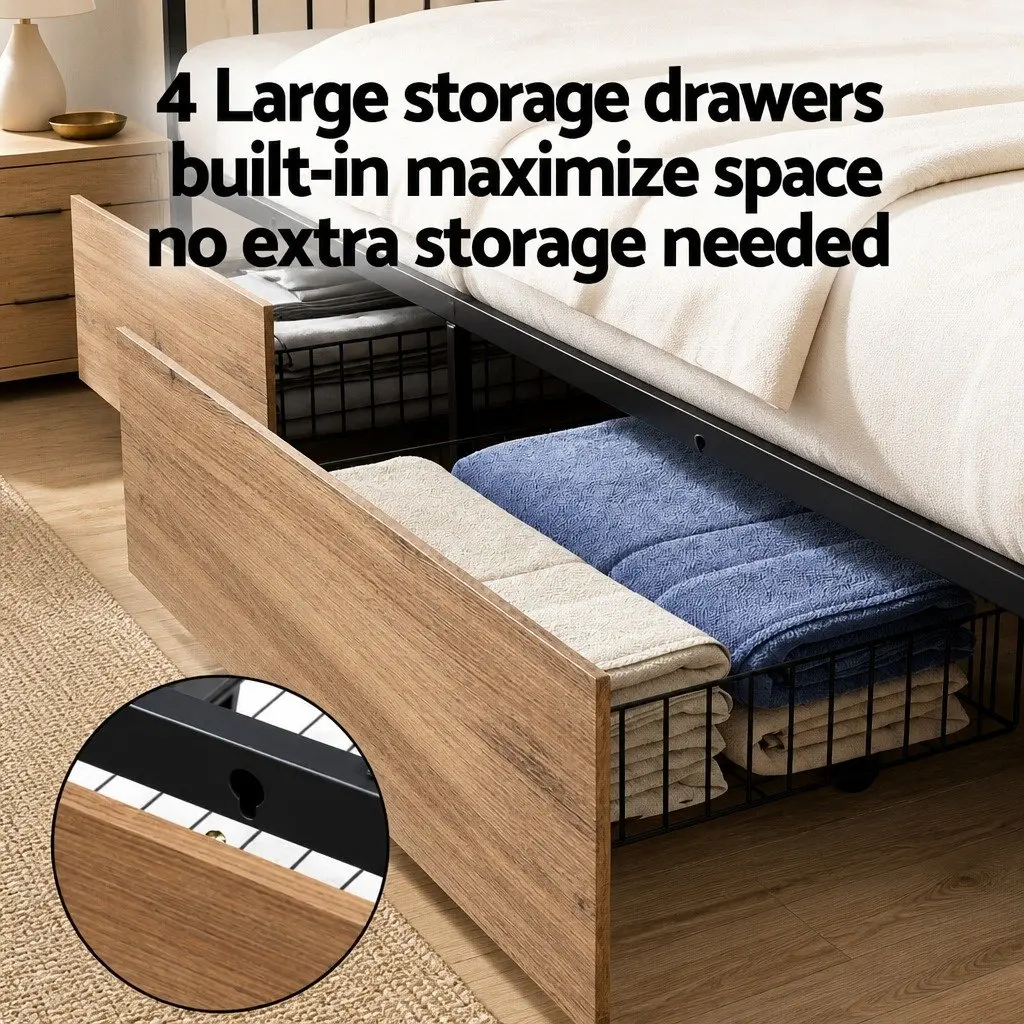 Metal Bed Frame King Size with Black Storage Headboard 4 Drawers and LED Charging Station