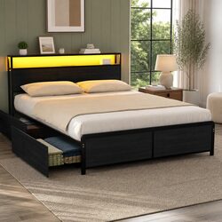 Queen Size Metal Bed Frame with Storage Drawers LED Charging Station Headboard