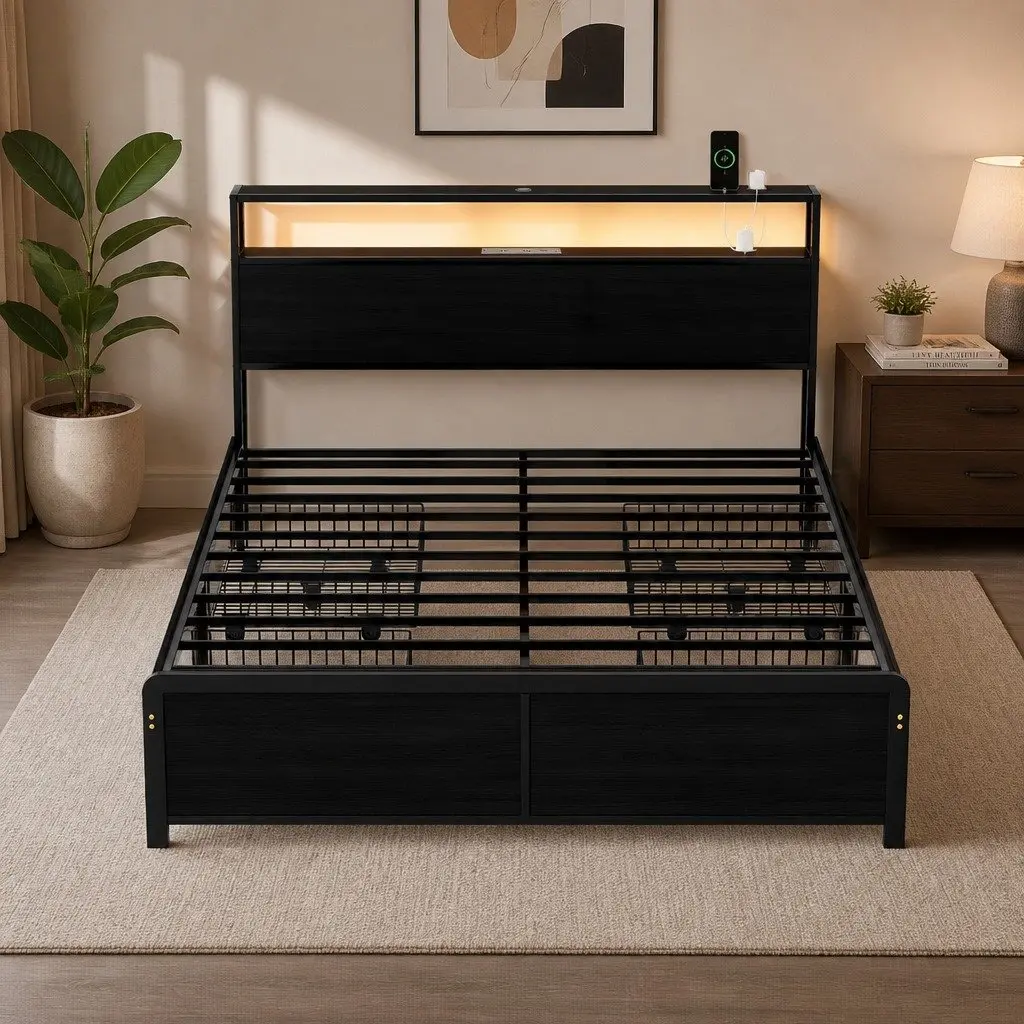Queen Metal Bed Frame with Storage Options