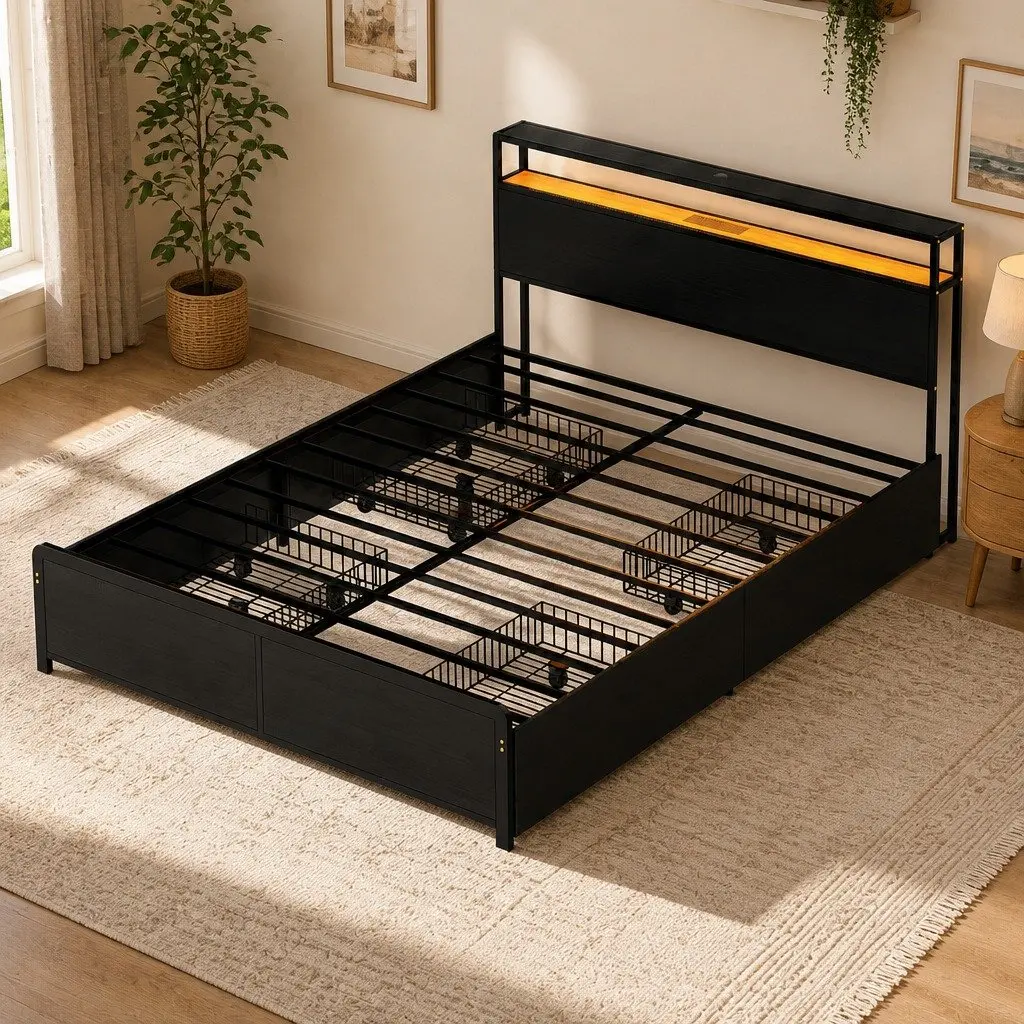 Queen Metal Bed Frame with Storage Options