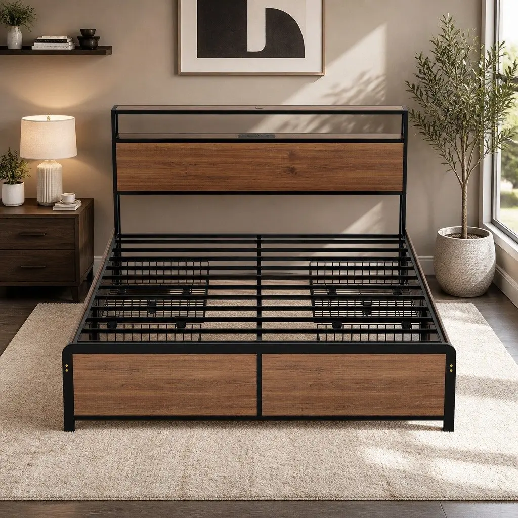 Queen Size Metal Bed Frame with Storage Headboard 4 Drawers Black