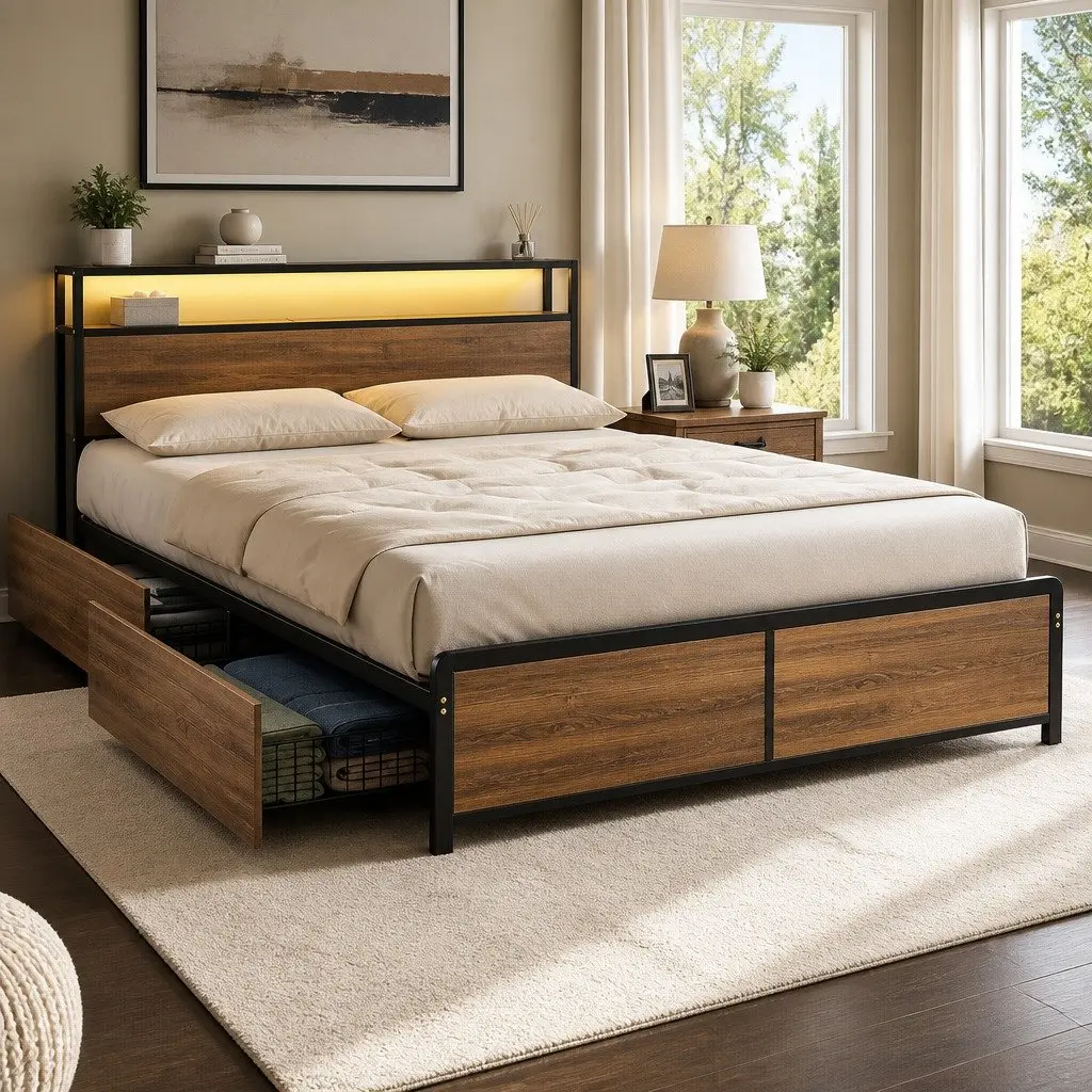Queen Size Metal Bed Frame with Storage Headboard 4 Drawers Black