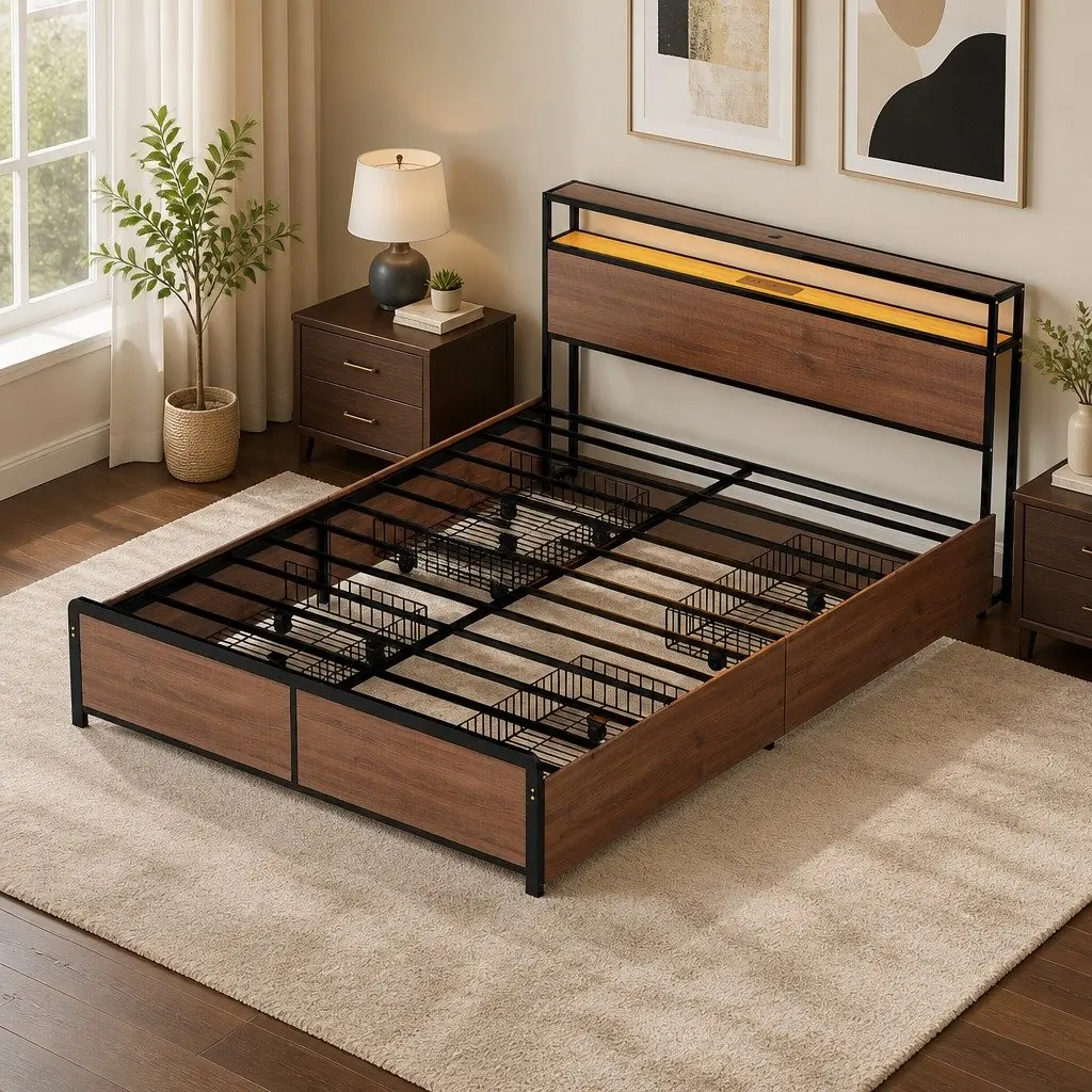 Queen Size Metal Bed Frame with Storage Headboard 4 Drawers Black