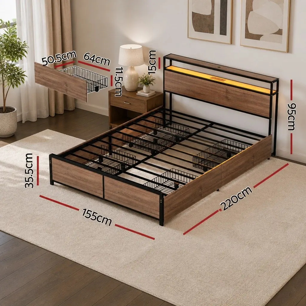 Queen Size Metal Bed Frame with Storage Headboard 4 Drawers Black
