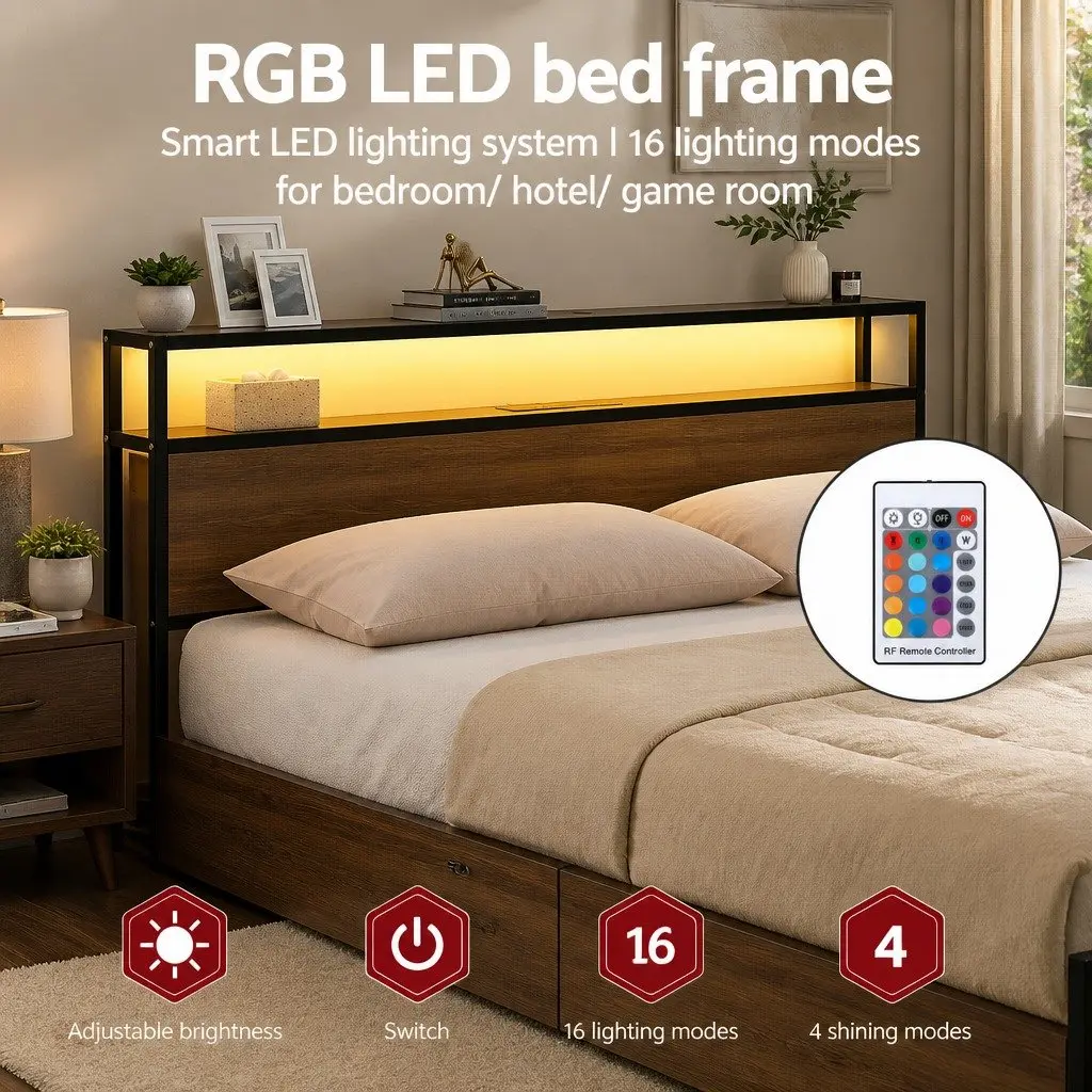 Queen Size Metal Bed Frame with Storage Headboard 4 Drawers Black