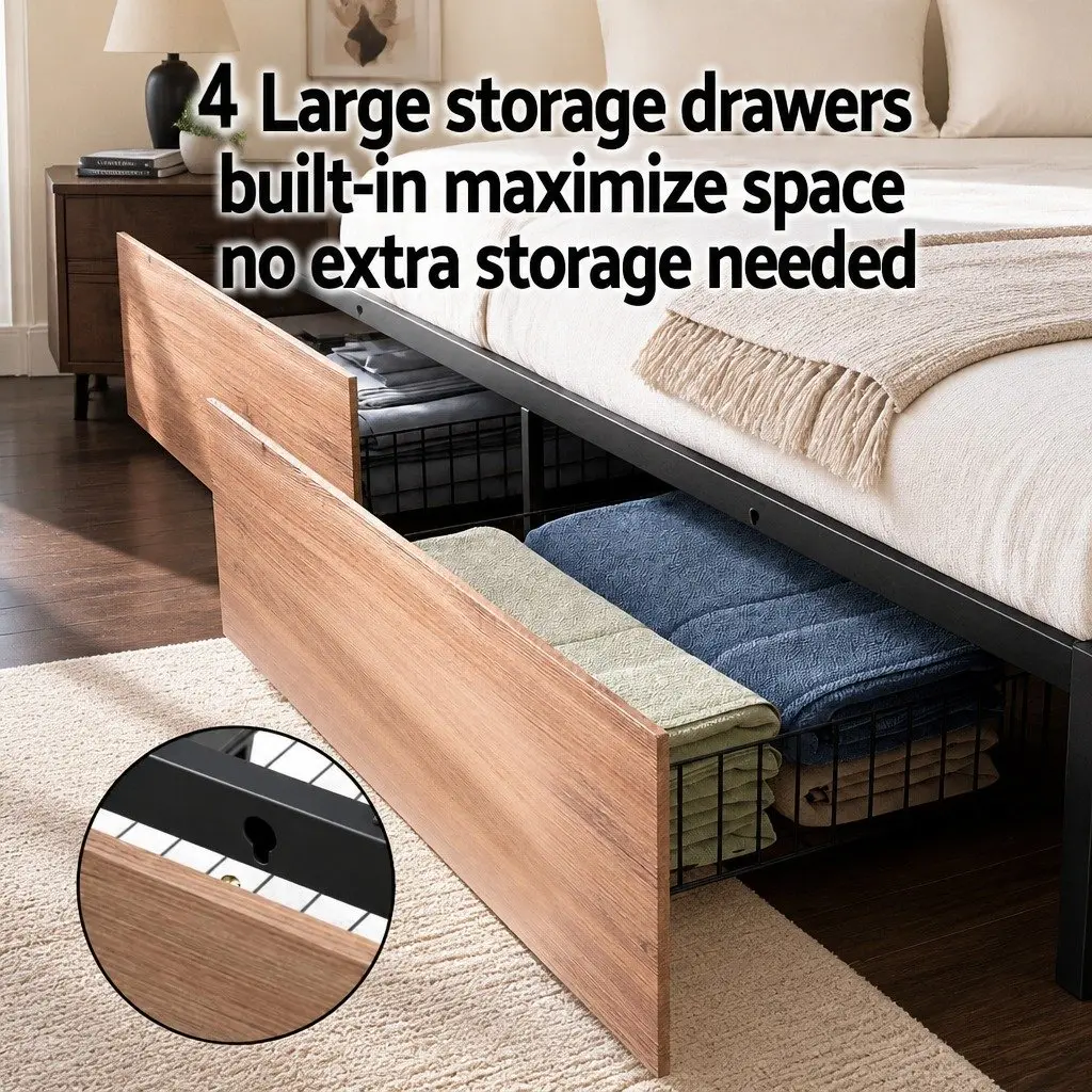 Queen Size Metal Bed Frame with Storage Headboard 4 Drawers Black