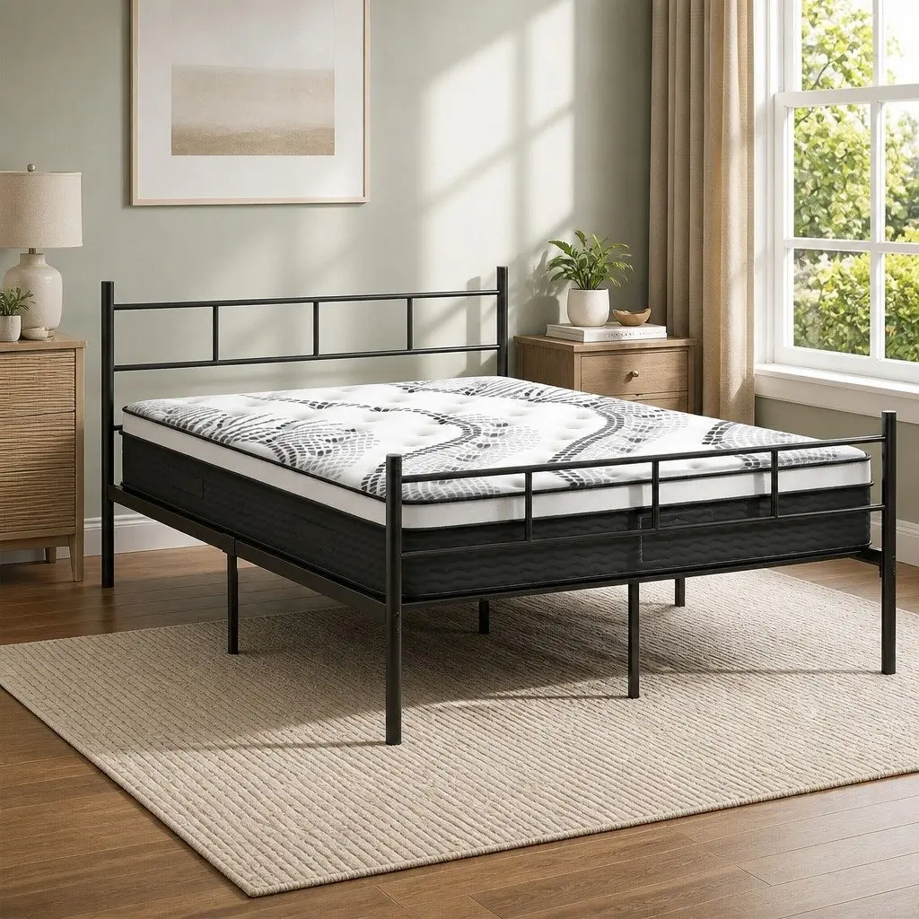 Double Metal Bed Frame with Euro Top Mattress 198cm L x 142cm W x 88cm H Black White