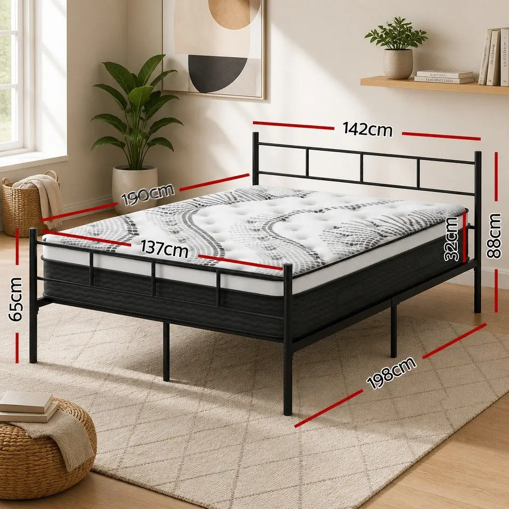 Double Metal Bed Frame with Euro Top Mattress 198cm L x 142cm W x 88cm H Black White