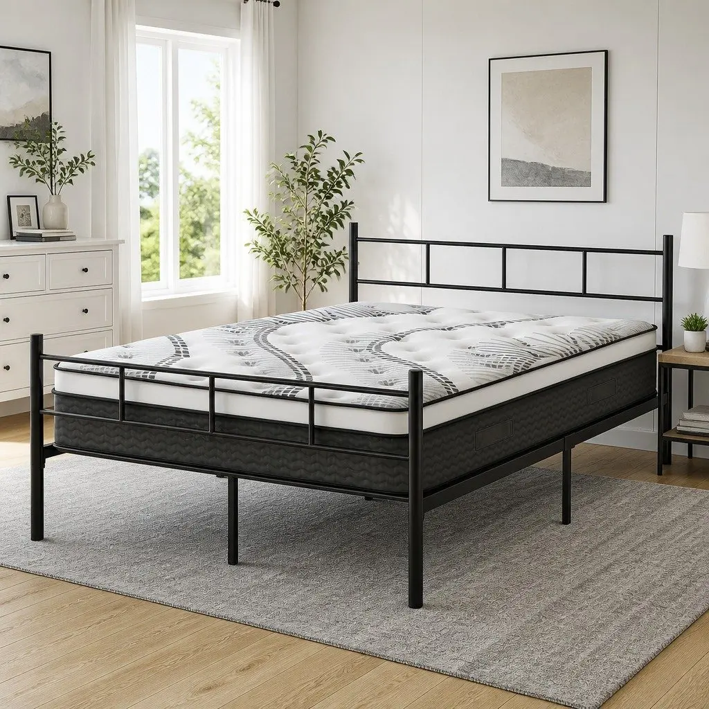 Double Metal Bed Frame with Euro Top Mattress 198cm L x 142cm W x 88cm H Black White