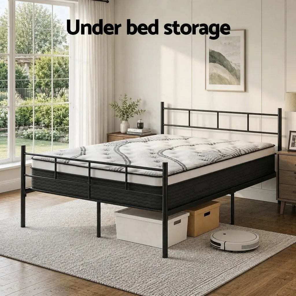 Double Metal Bed Frame with Euro Top Mattress 198cm L x 142cm W x 88cm H Black White