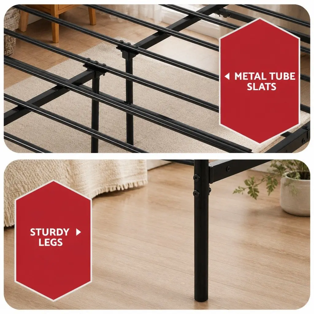 Double Metal Bed Frame with Euro Top Mattress 198cm L x 142cm W x 88cm H Black White