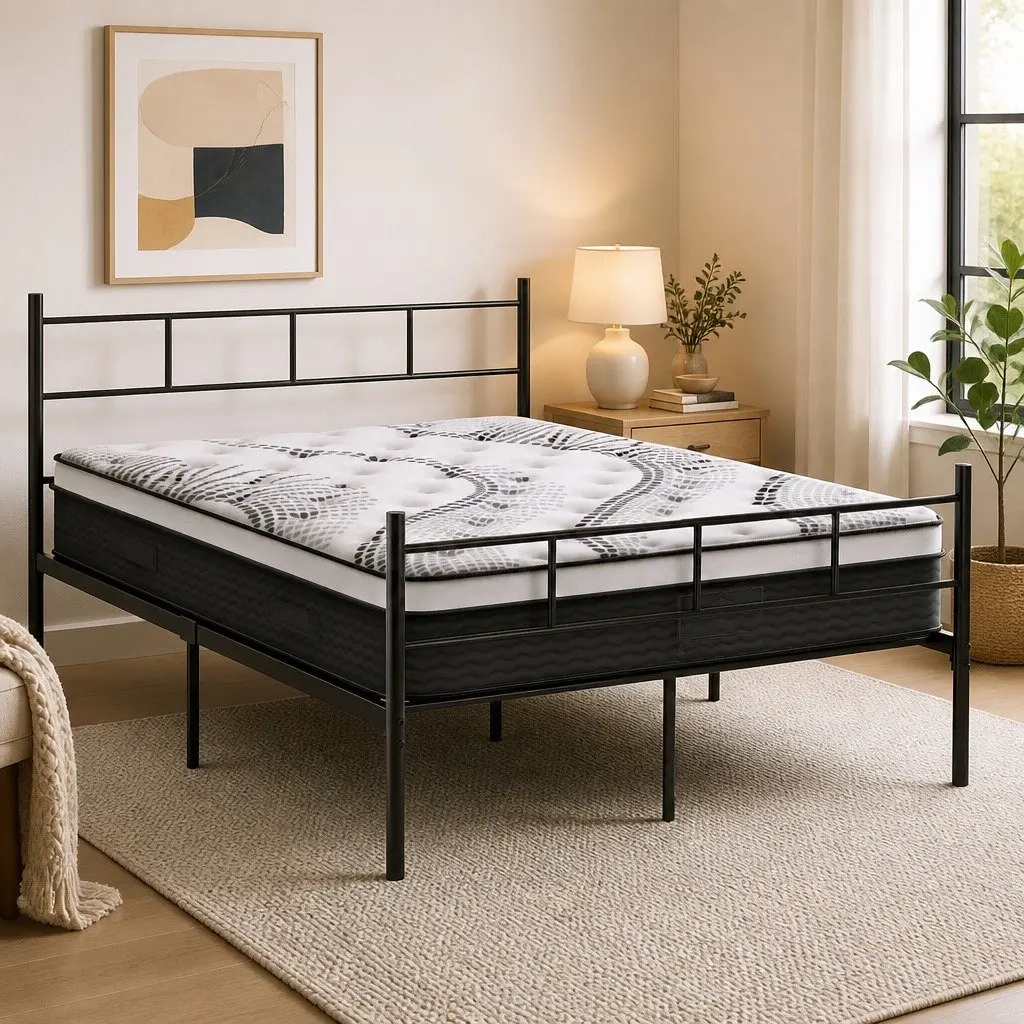 Double Metal Bed Frame with Euro Top Mattress 198cm L x 142cm W x 88cm H Black White