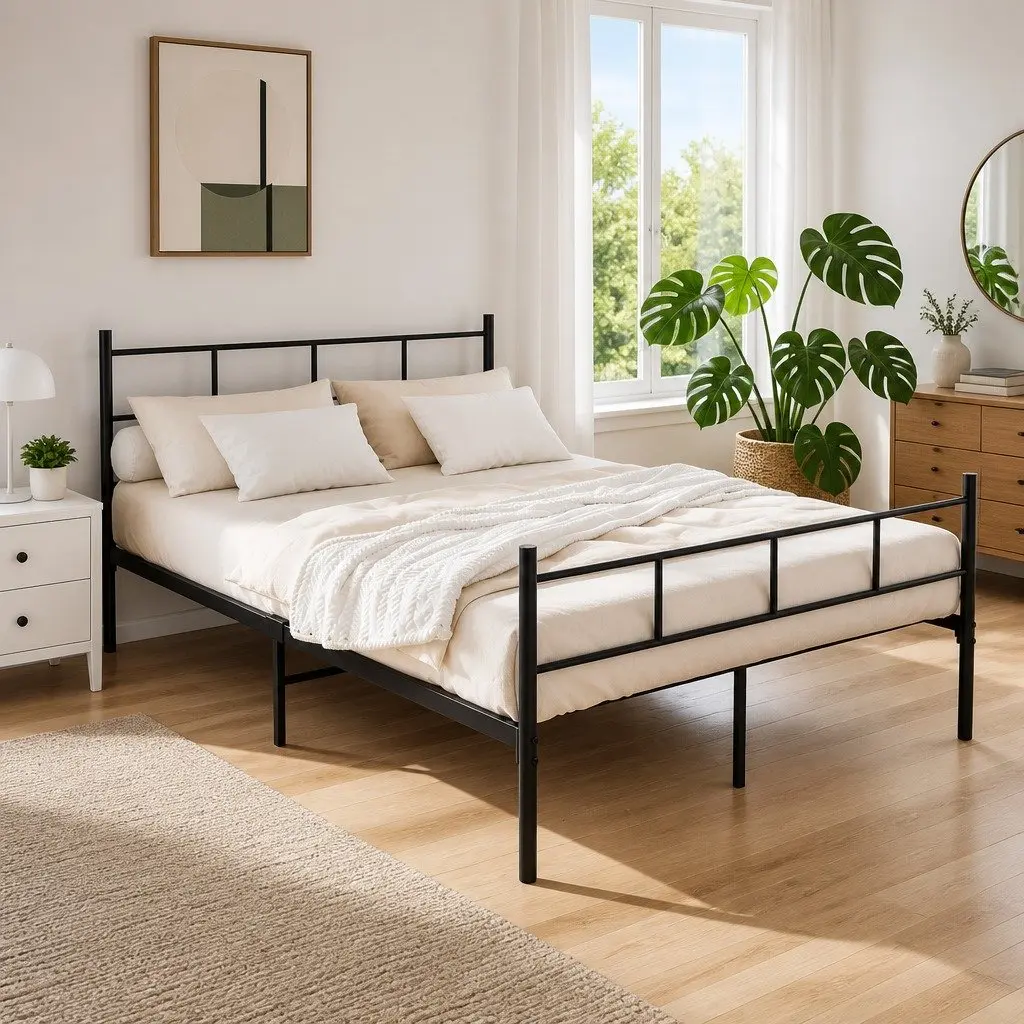 Double Bed Frame Steel Black Storage Underneath Standard Size