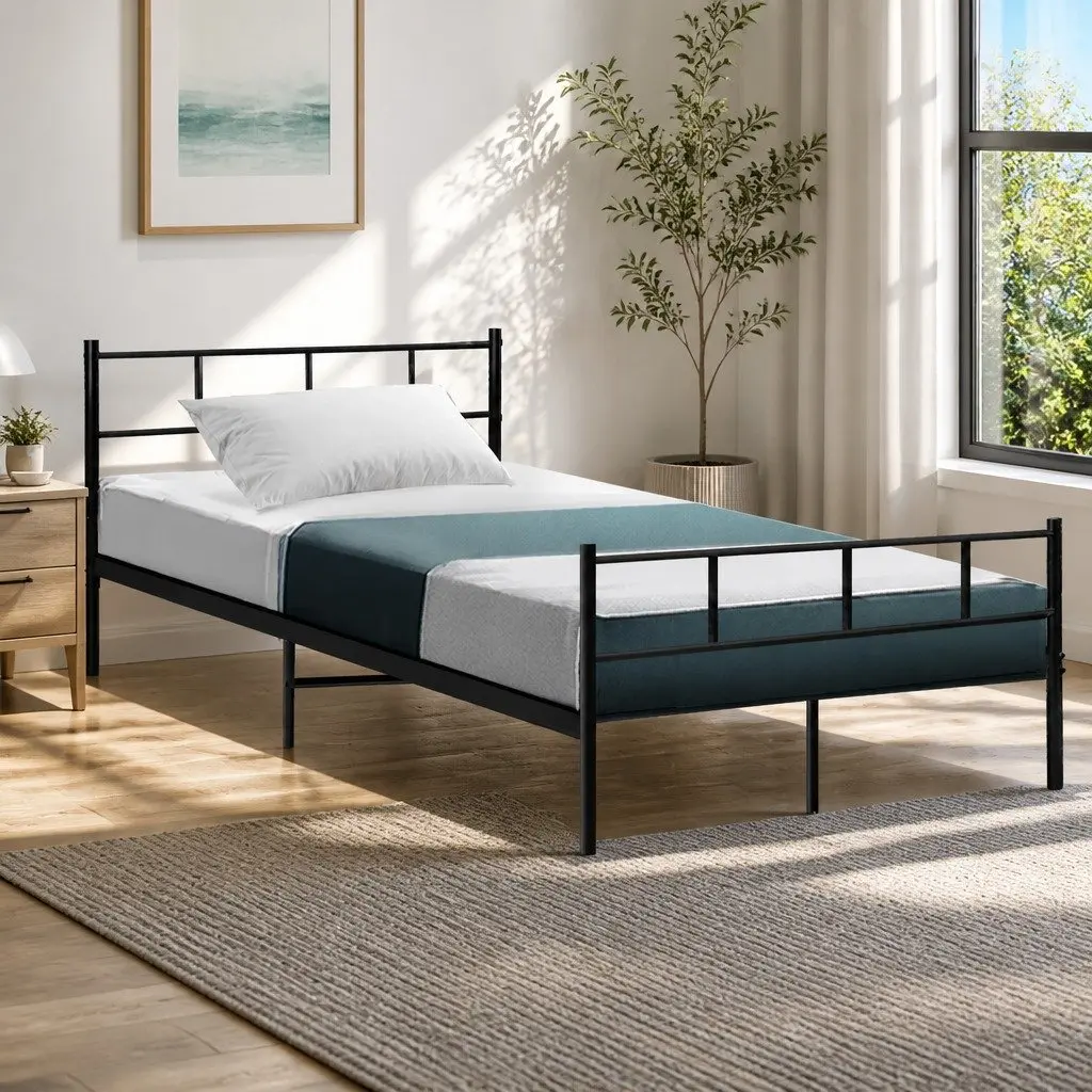 Metal Bed Frame Steel King Single Black Slat Base Bedroom Furniture Storage