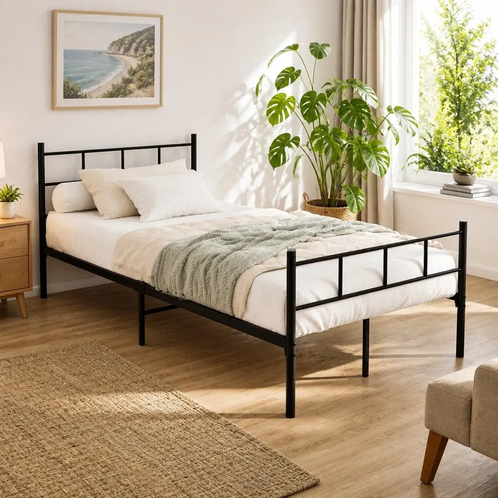 Metal Bed Frame Steel King Single Black Slat Base Bedroom Furniture Storage