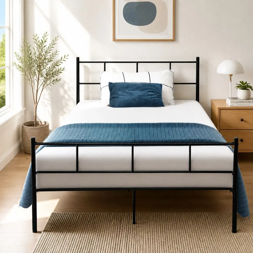 Metal Bed Frame Steel King Single Black Slat Base Bedroom Furniture Storage