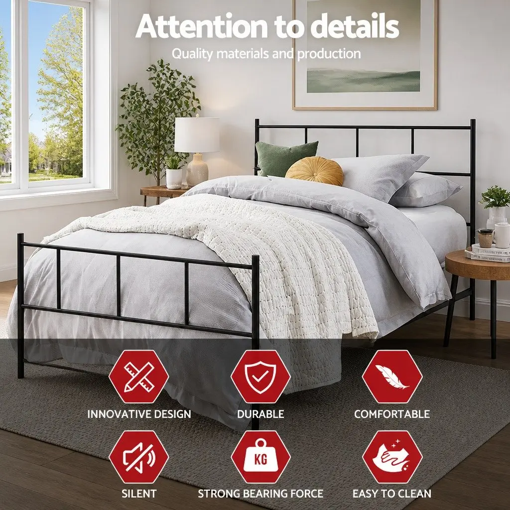 Metal Bed Frame Steel King Single Black Slat Base Bedroom Furniture Storage