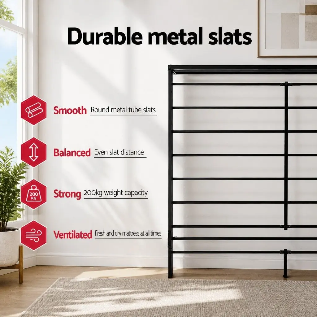 Metal Bed Frame Steel King Single Black Slat Base Bedroom Furniture Storage