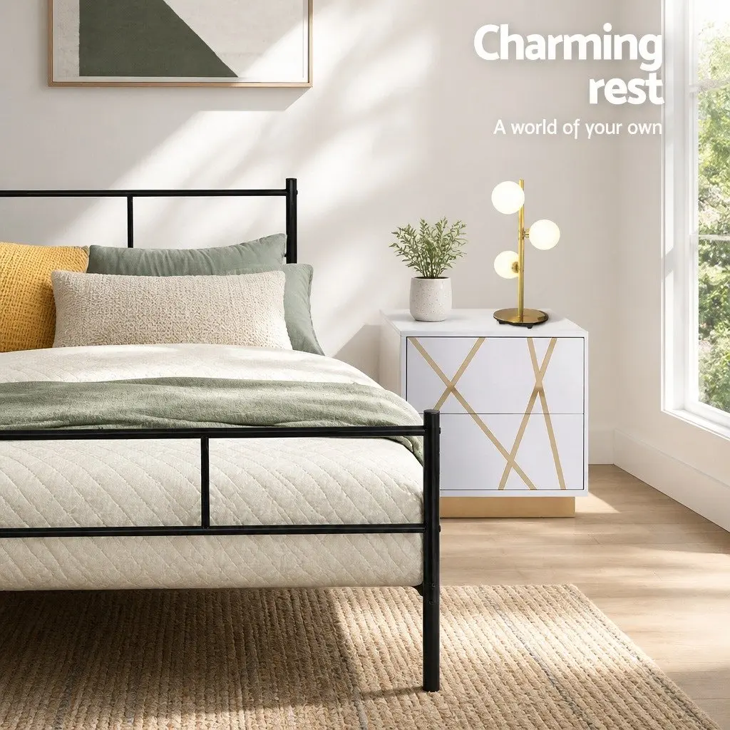 Metal Bed Frame Steel King Single Black Slat Base Bedroom Furniture Storage