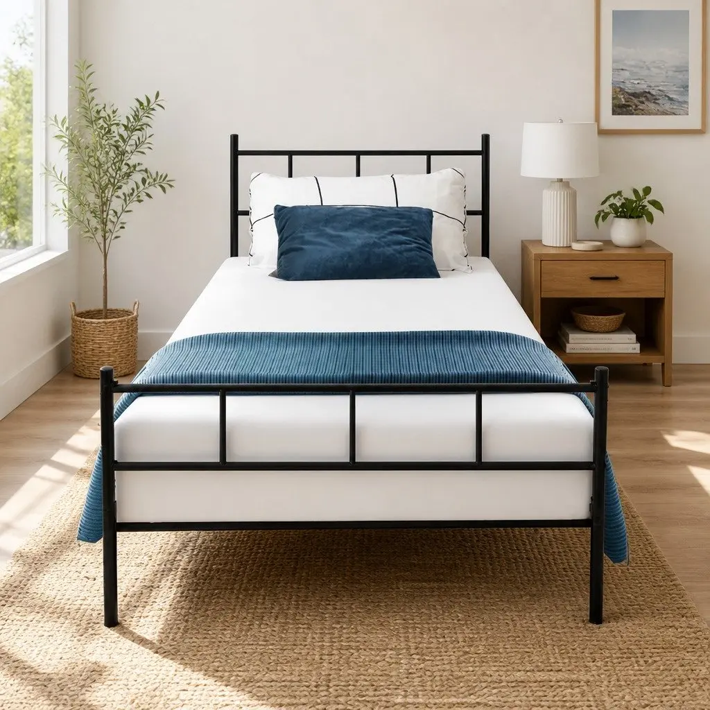 Single Bed Frame Black Steel Construction 190cm x 90cm