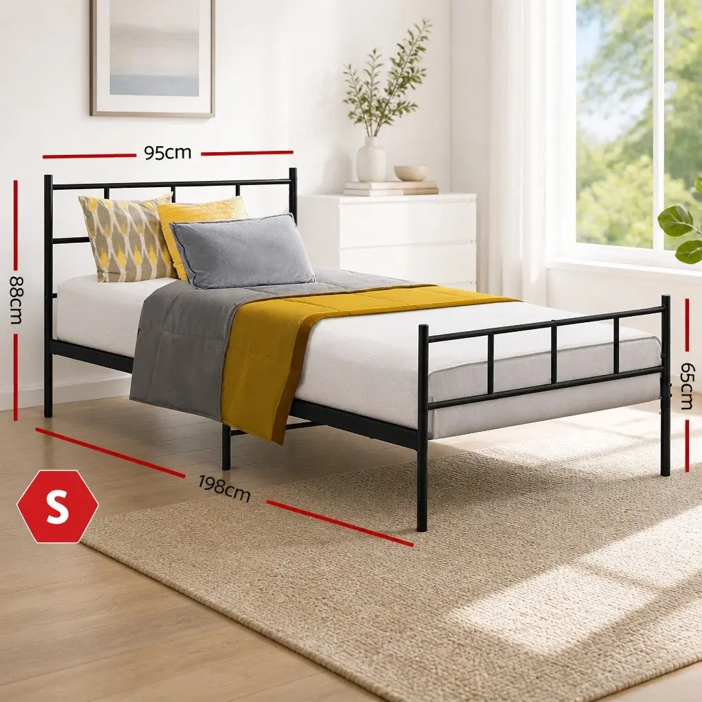 Single Bed Frame Black Steel Construction 190cm x 90cm