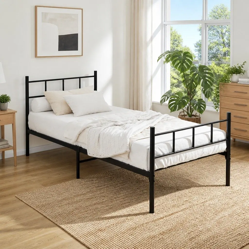 Single Bed Frame Black Steel Construction 190cm x 90cm