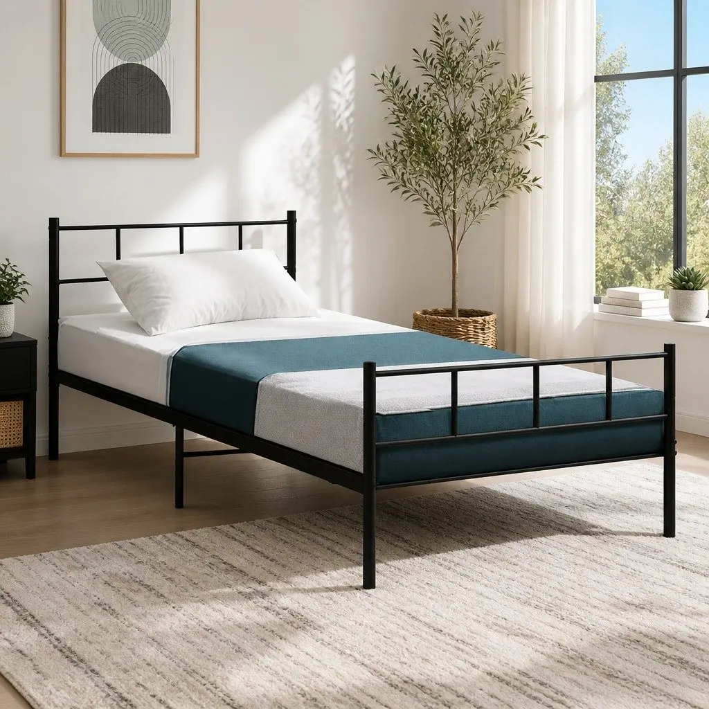 Single Bed Frame Black Steel Construction 190cm x 90cm