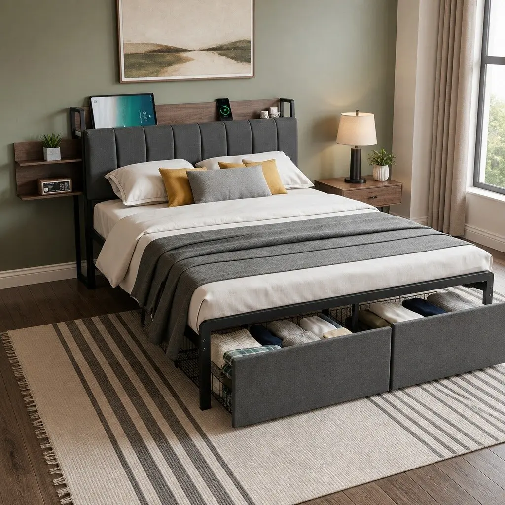 Metal Bed Frame Double Size with Upholstered Headboard Grey