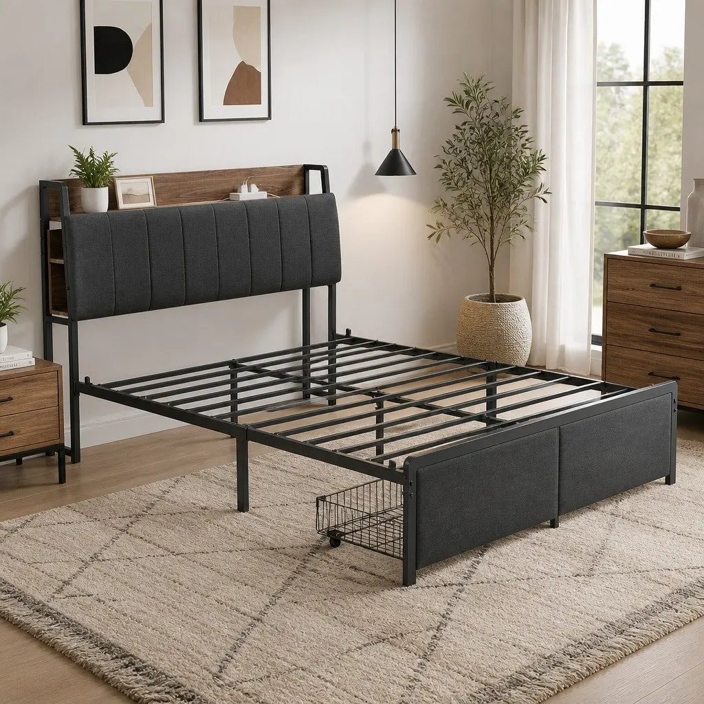 Metal Bed Frame Double Size with Upholstered Headboard Grey