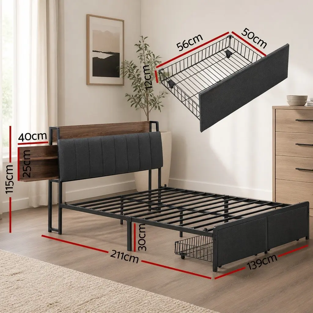 Metal Bed Frame Double Size with Upholstered Headboard Grey