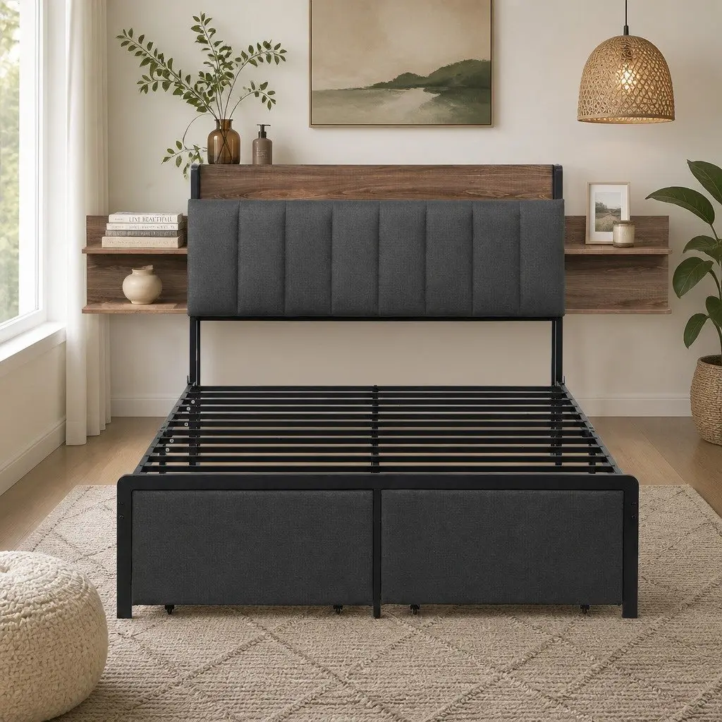Metal Bed Frame Double Size with Upholstered Headboard Grey
