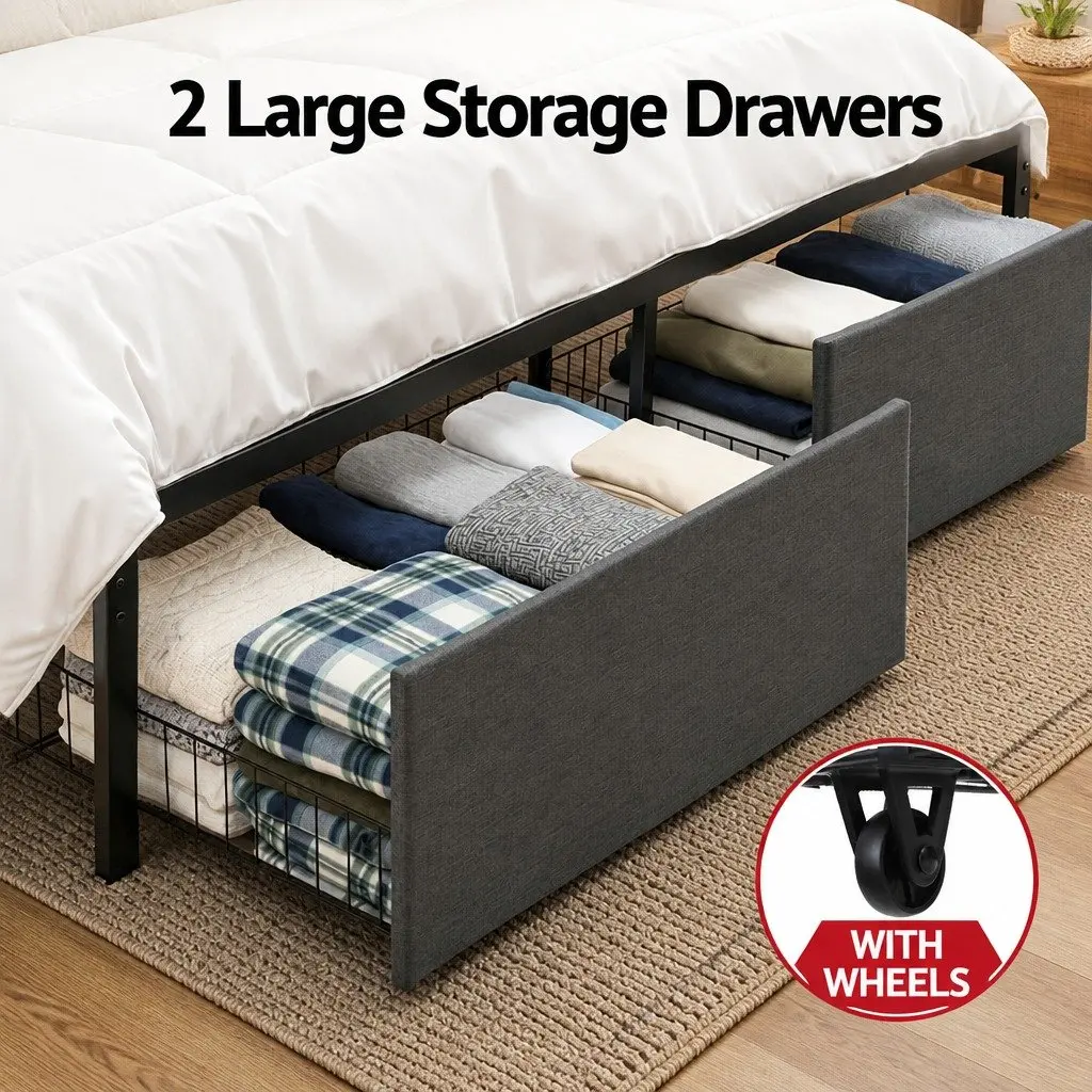 Metal Bed Frame Double Size with Upholstered Headboard Grey