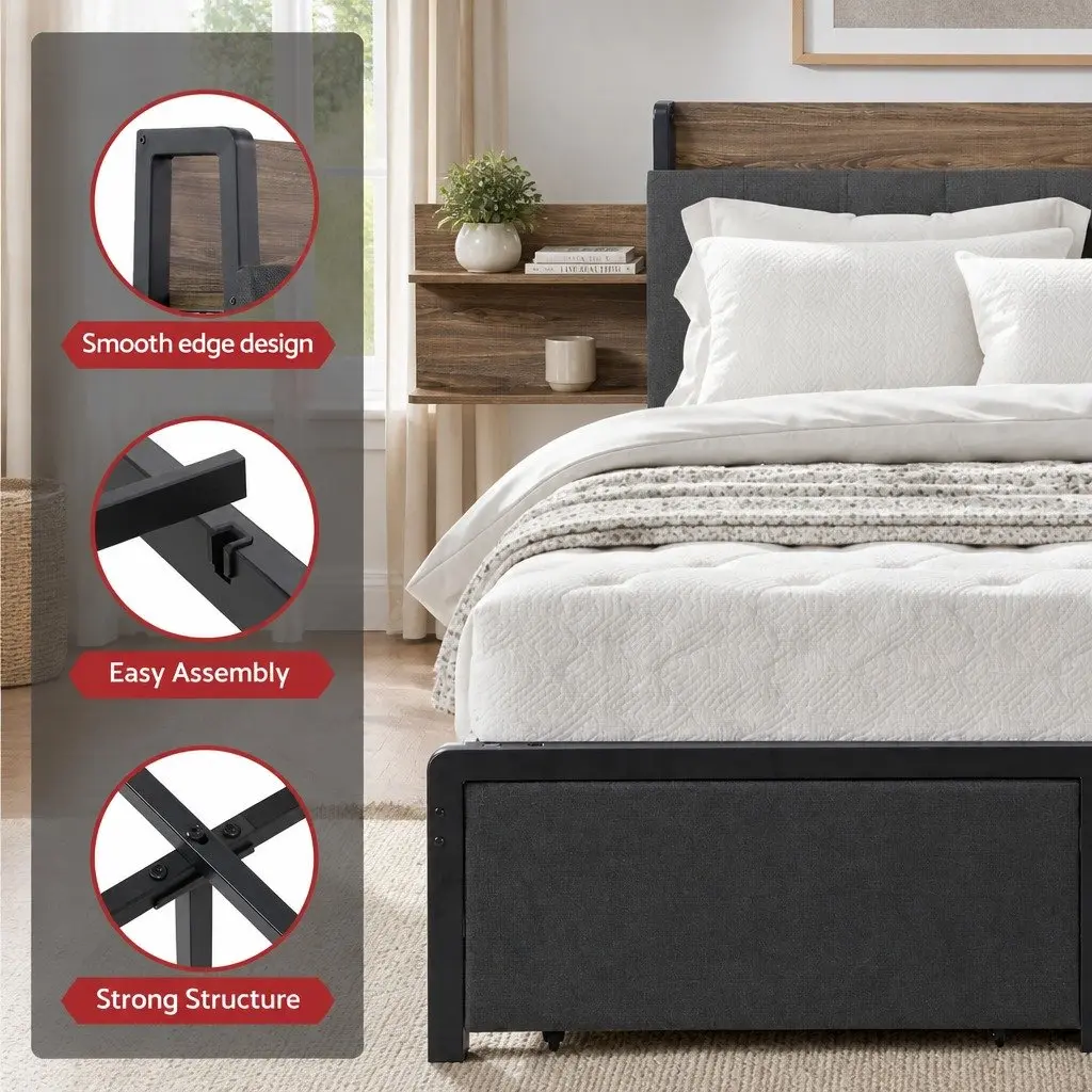 Metal Bed Frame Double Size with Upholstered Headboard Grey