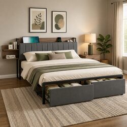 King Size Metal Bed Frame with Hidden Storage Drawers Charging Station Headboard