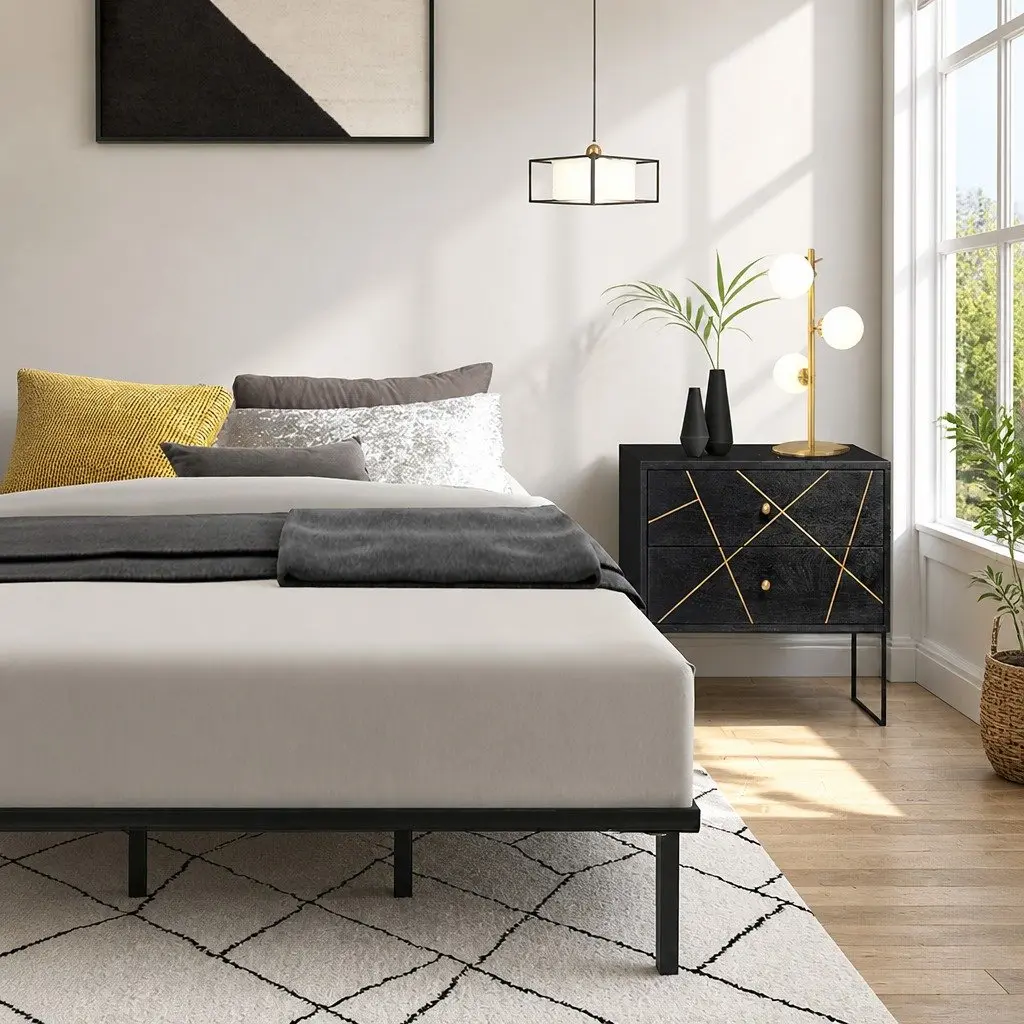 Queen Size Metal Bed Frame Steel Black with Under Bed Storage