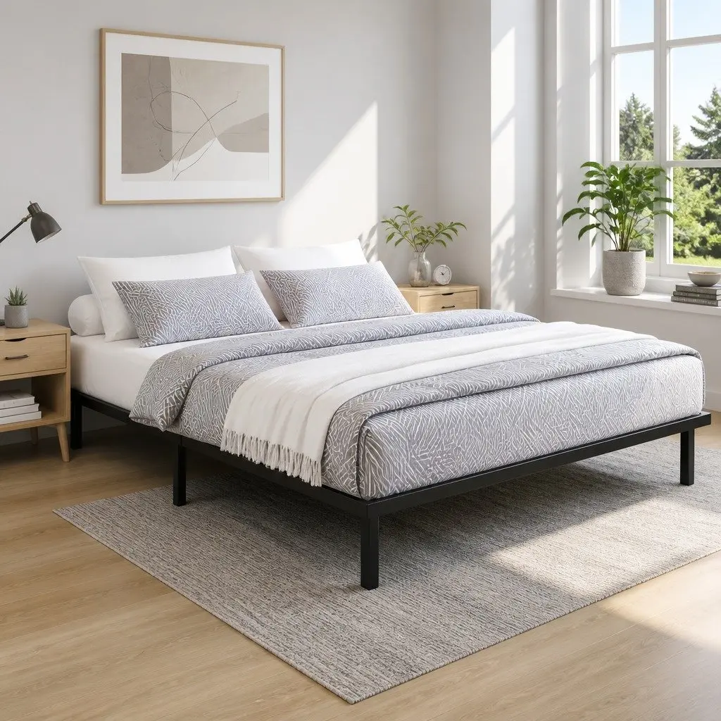 Queen Size Metal Bed Frame Steel Black with Under Bed Storage