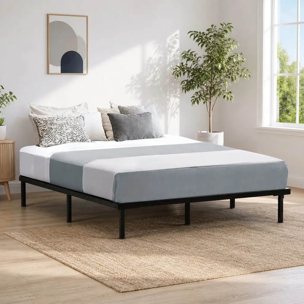 Queen Size Metal Bed Frame Steel Black with Under Bed Storage