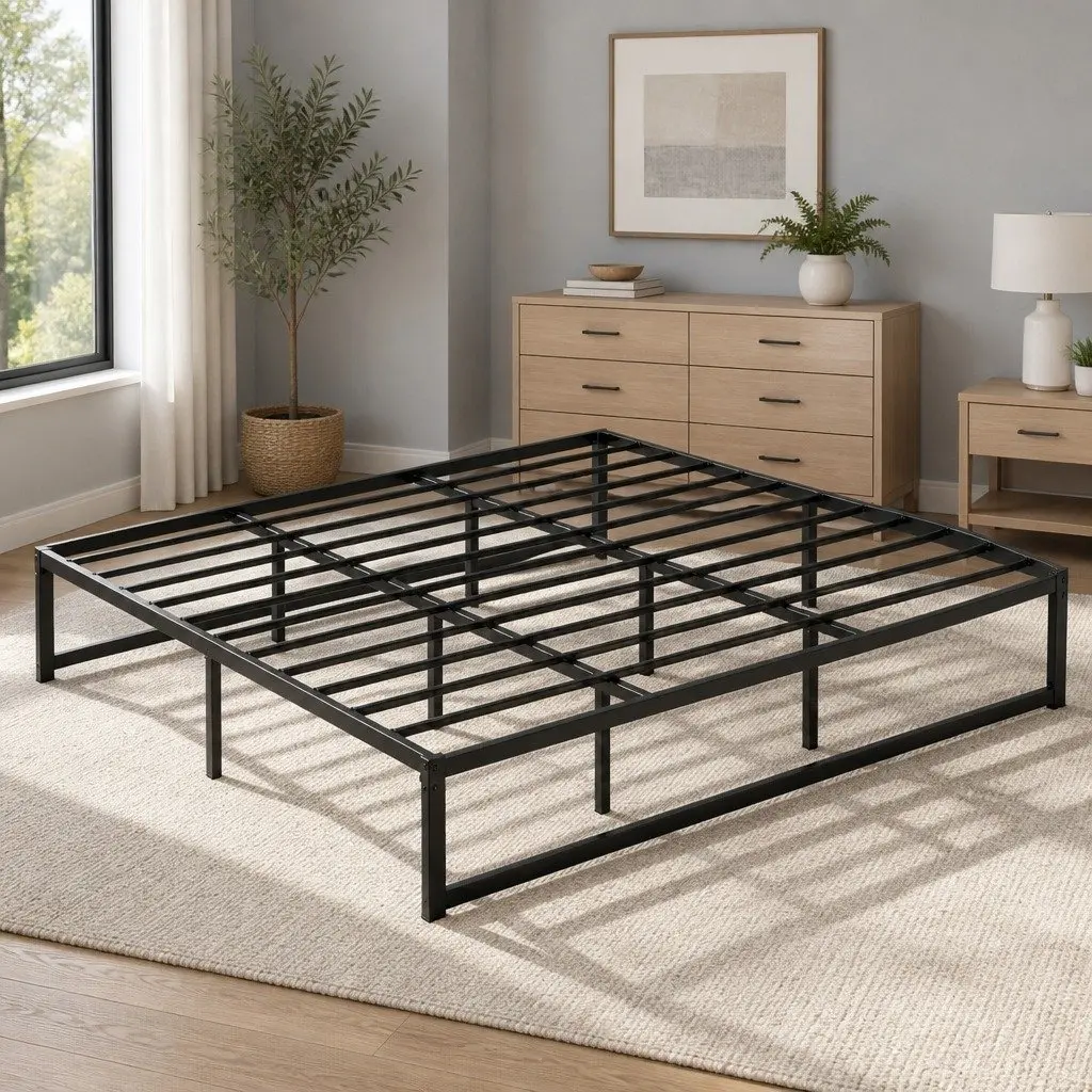 King Size Metal Bed Frame Black Steel Minimalist Design Storage Space